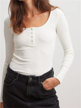 Spring Autumn Slim Ribbed Solid Color Long Sleeve Square Neck Buttons Up Streetwear New Tee